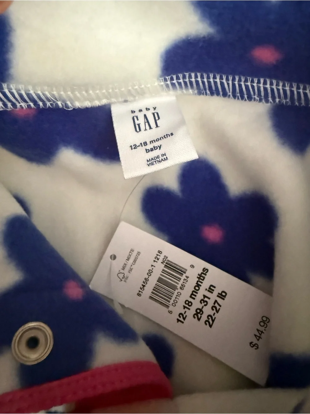 Girls White Fleece Pullover Jacket with Blue Flower Print and Pink Trim